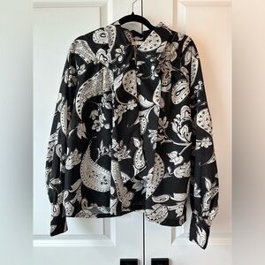 FIL DE VIE Women’s Paisley Print Neck Tie Blouse Black and White (Size XS)